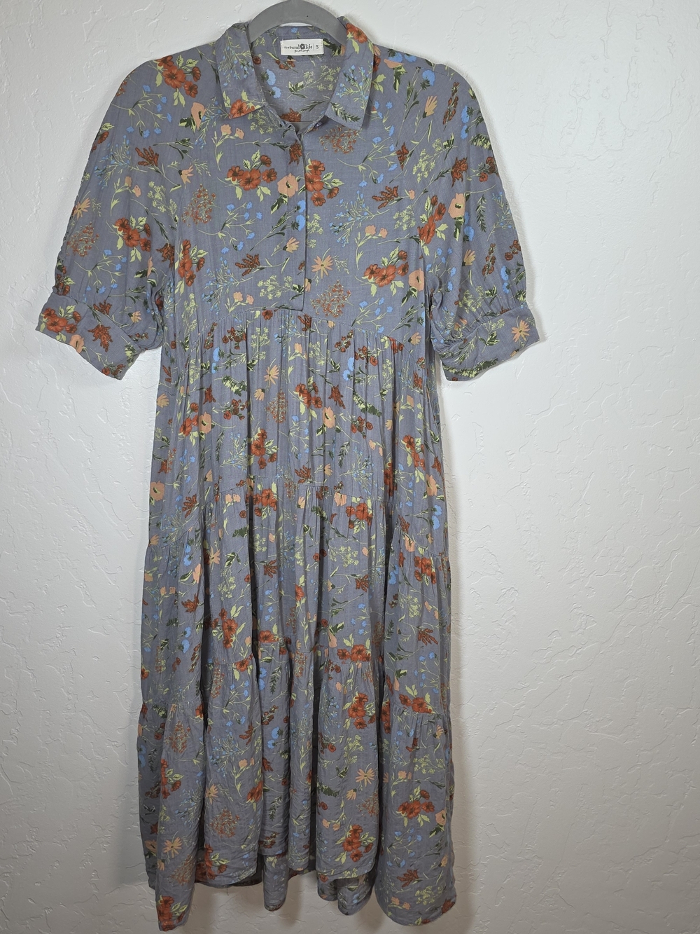 NATURAL LIFE Gray Blue Orange Peach Floral Tiered Midi Dress Boho Cottagecore